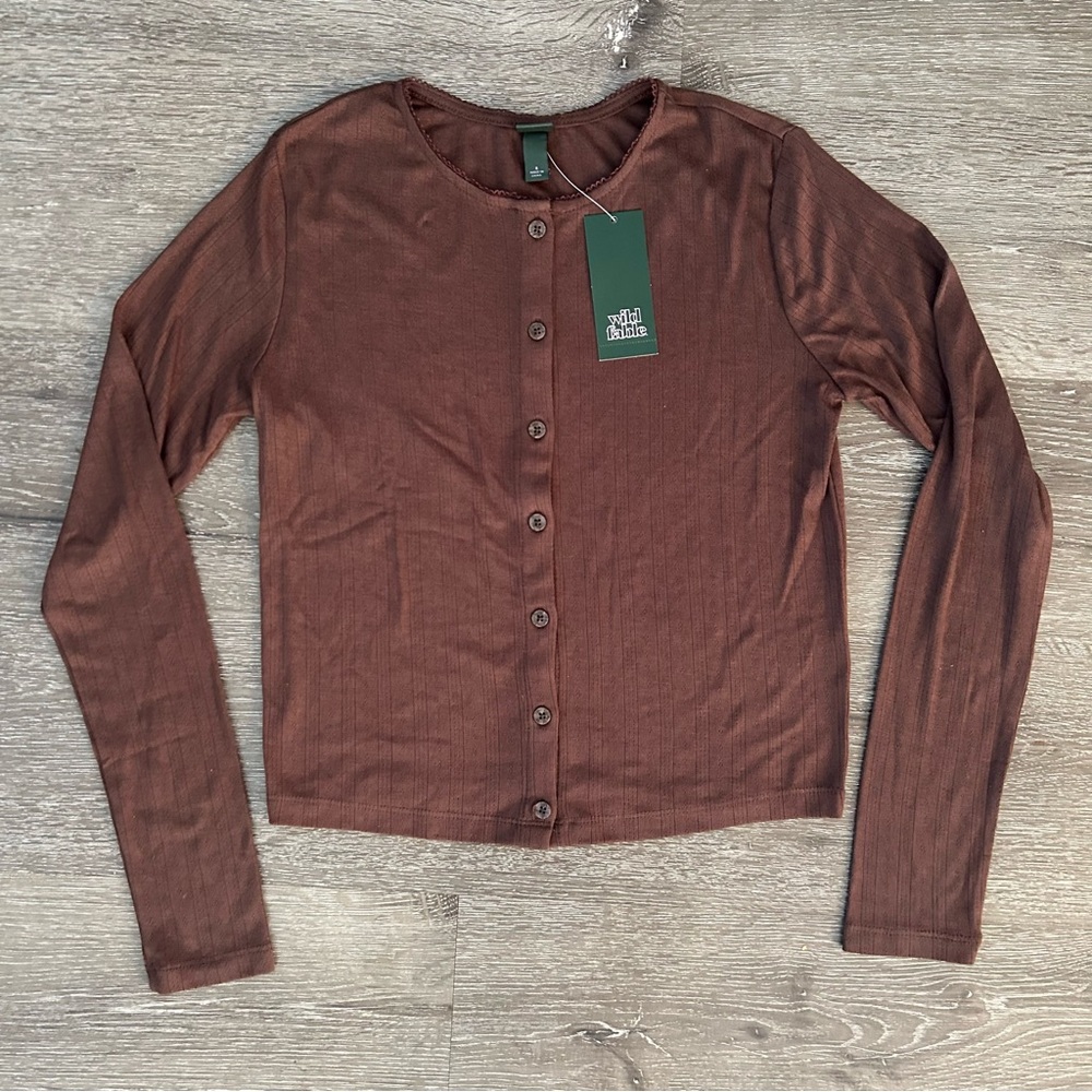 NWT Small Wild Fable Textured Brown Button Down Stretchy Long Sleeve Shirt